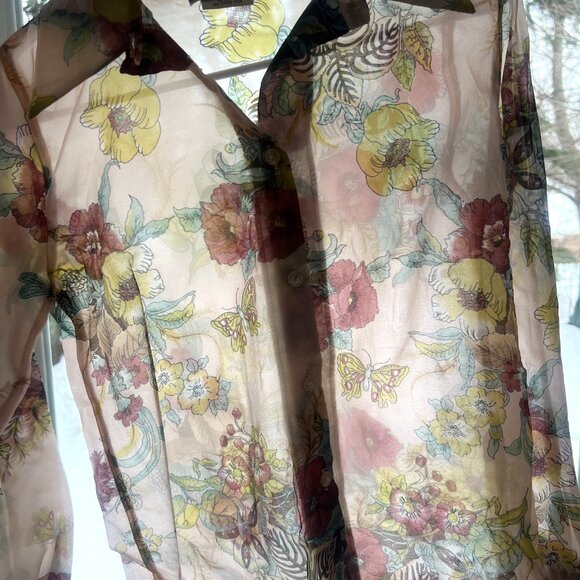 Vintage 70s Sheer Chiffon Blouse Floral Size 10 "Teddi of California" Shirt - Picture 2 of 13